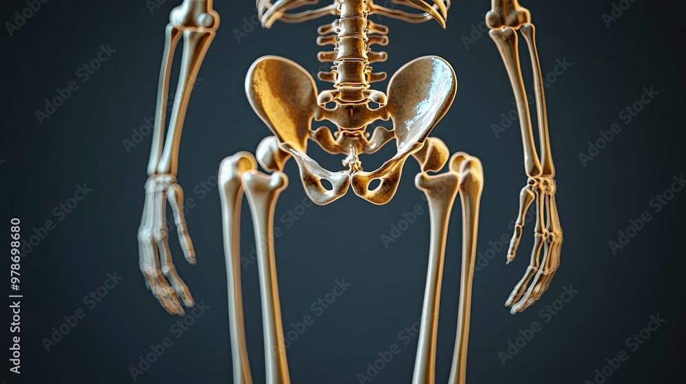 Poster detailed skeletal model showcasing human anatomy with distinct bones and structures on a dark backgr
