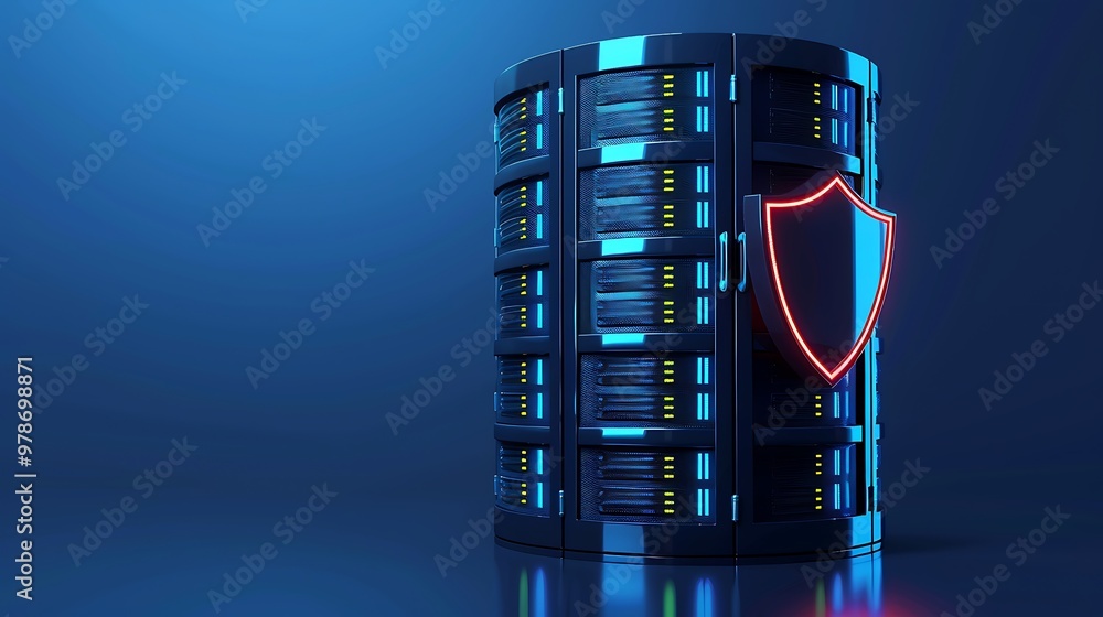 Poster A futuristic data server with a shield symbol, representing security and protection for digital information and storage systems.