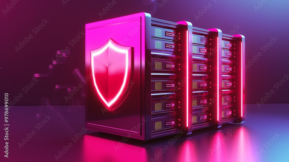 Poster a futuristic data server with neon lights and a shield icon, symbolizing robust cybersecurity and da
