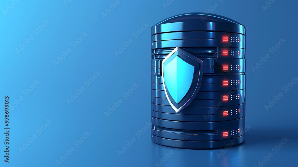 Poster a futuristic data storage device with a shield icon, symbolizing data protection and cybersecurity i