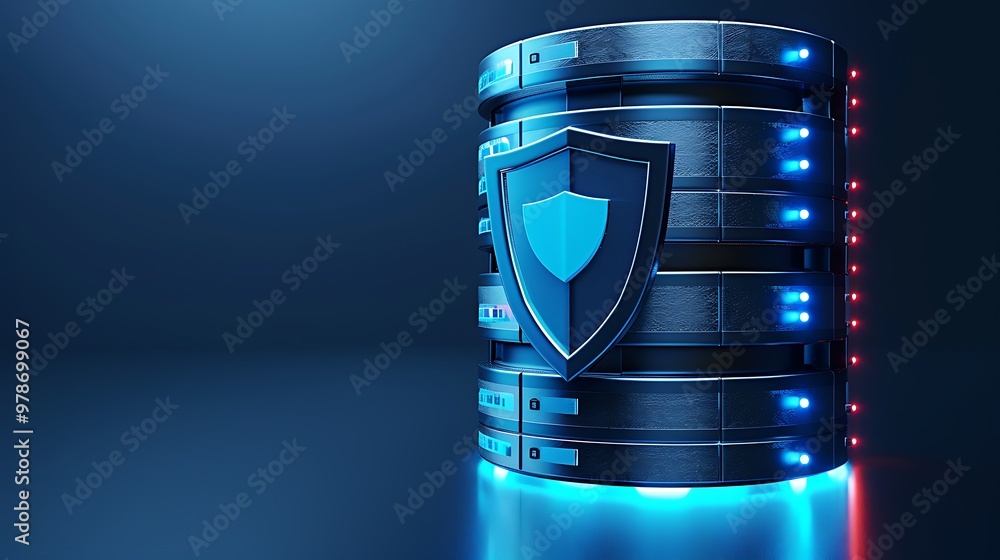 Poster a futuristic data storage unit featuring a shield, symbolizing security and data protection in a dig