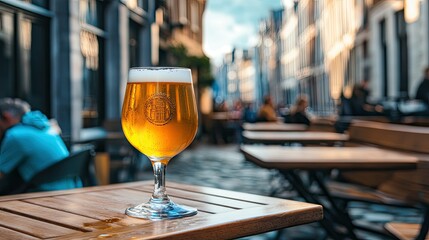 A traditional Belgian beer glass filled with golden ale, served outdoors at a caf