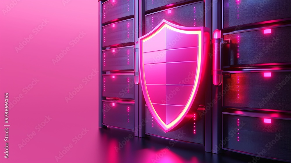 Aufkleber a futuristic server room with a glowing pink shield symbolizing data security and protection in digi