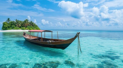 Obraz premium A traditional Maldivian dhoni boat anchored in the shallow turquoise waters near a tropical island.