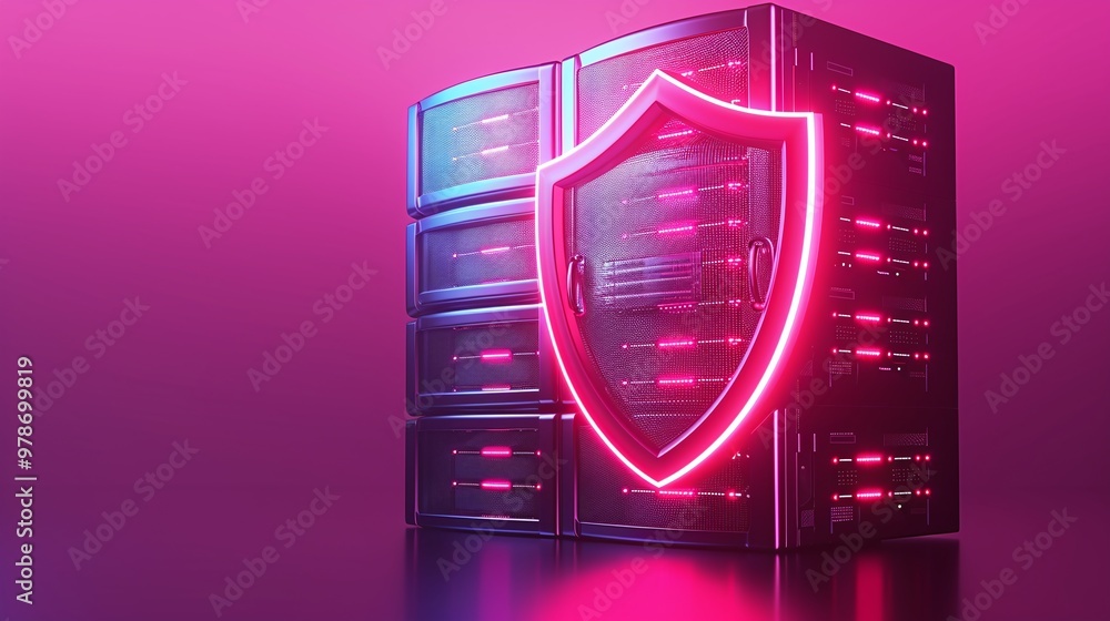 Poster a futuristic server with a glowing shield, symbolizing cybersecurity and data protection in a vibran
