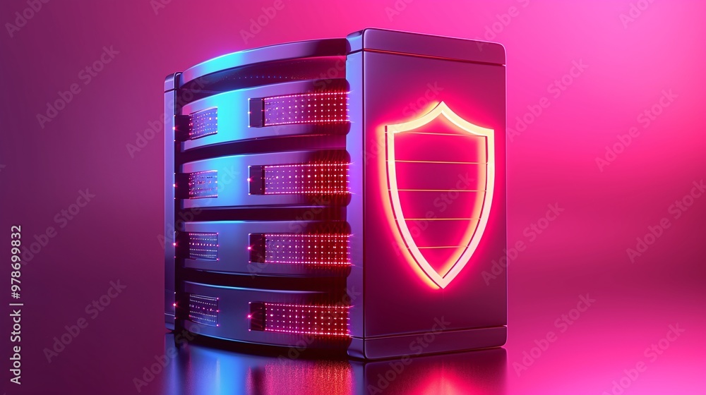 Poster a futuristic server with a glowing shield symbol, representing data protection and cybersecurity in 