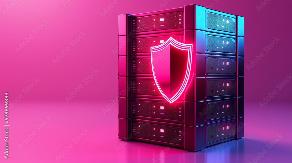 Poster a futuristic server with a glowing shield symbol, representing data security and protection in a dig