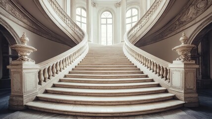 Elegant curved staircase in a historic building, featuring ornate details and natural light illuminating the space.