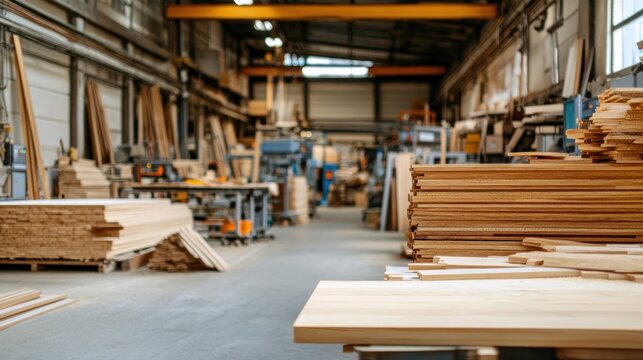 A wooden workshop filled with lumber and machinery for woodworking projects.
