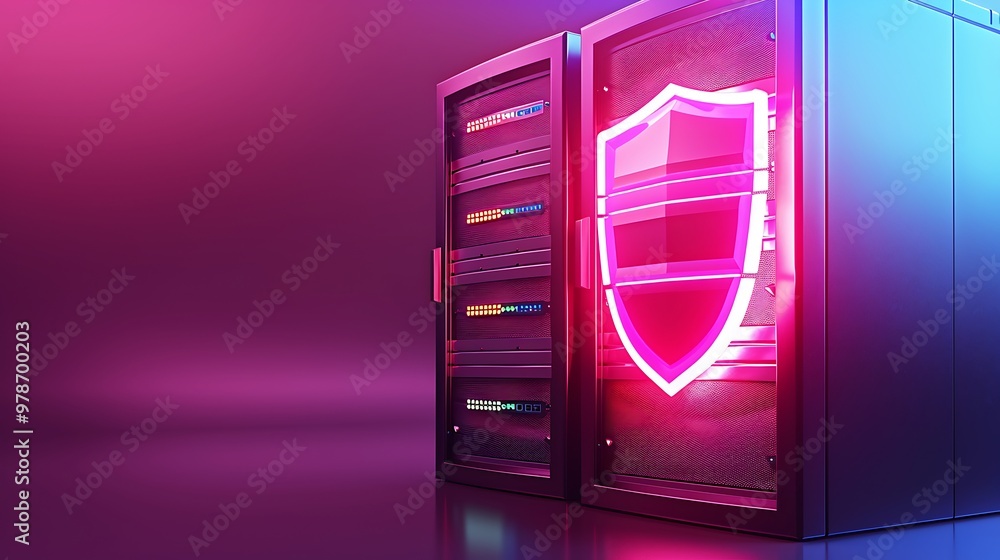Poster a futuristic server with a glowing shield symbolizing cybersecurity and data protection in a vibrant