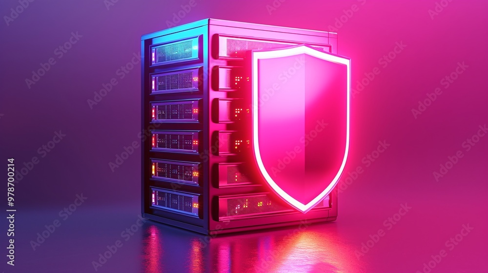 Poster a futuristic server with a glowing shield symbolizing data security and protection in digital enviro