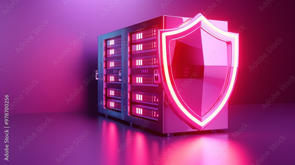 Poster a futuristic server with a glowing shield, symbolizing digital security and data protection in a vib