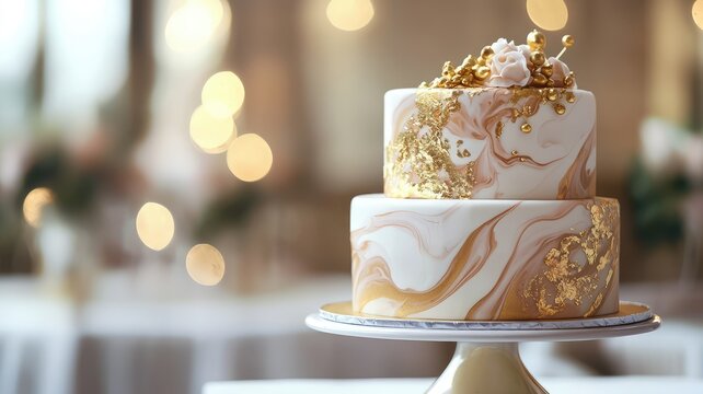 Elegant two-tier cake decorated with gold accents and floral details, perfect for weddings and celebrations in a beautiful setting.