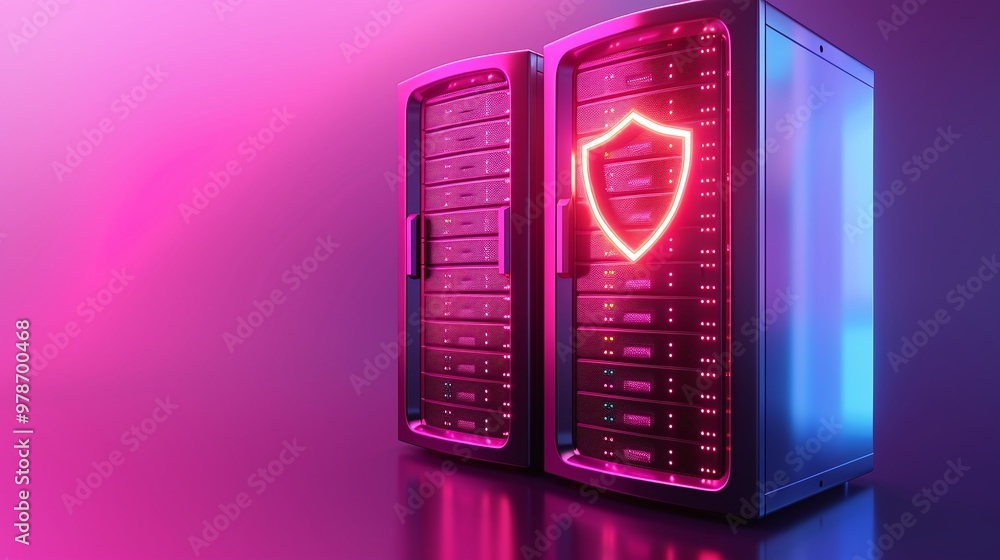 Poster a futuristic server with glowing lights and a protective shield icon, symbolizing cybersecurity and 