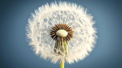 Fototapeta premium Close-up of a Dandelion with White Seeds in a Blue Background, Photography Image of Nature and its Beauty