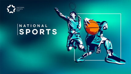 Basketball and badminton athletes, national sports day celebration concept design with blur green gradient background