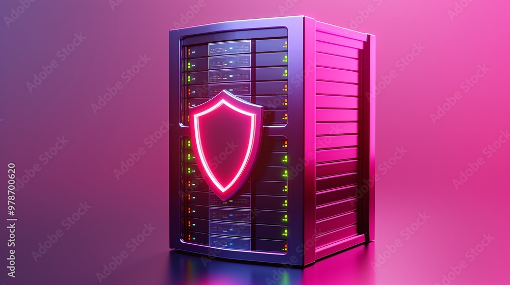 Poster a futuristic server with neon light accents, representing cybersecurity and data protection in a mod