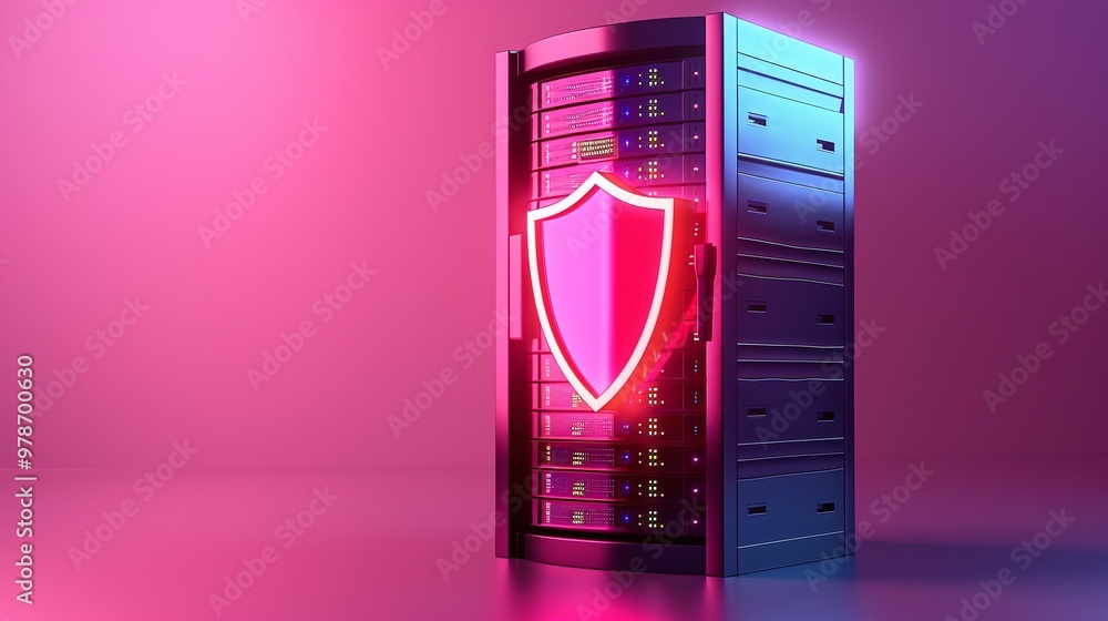Poster a futuristic server with neon lights and a shield emblem, symbolizing cybersecurity and data protect