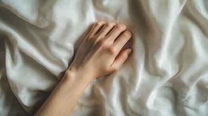 A serene hand resting gently on a soft, luxurious fabric, creating a peaceful and intimate atmosphere.