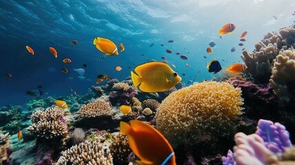 Obraz premium A vibrant coral reef teeming with tropical fish, located just off a Maldivian island.