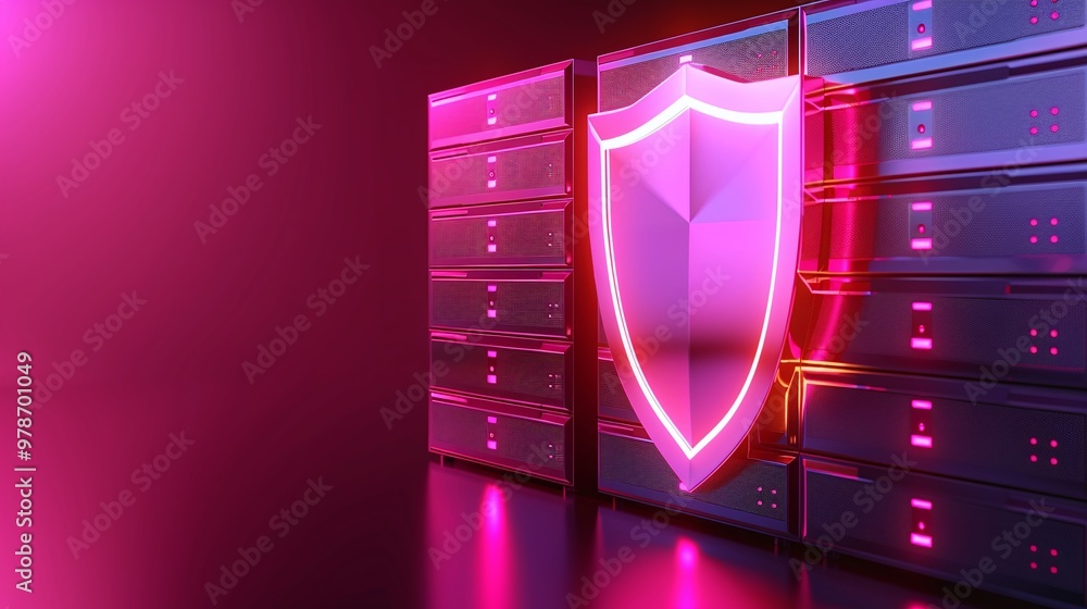 Poster a glowing shield symbol against a backdrop of server racks, representing cybersecurity and digital p