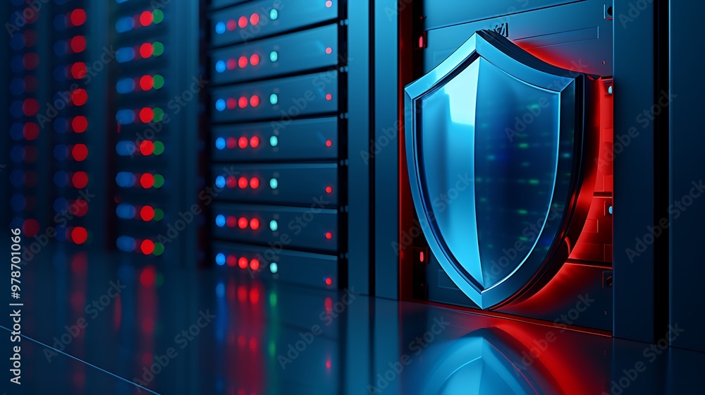 Poster a high-tech data center with illuminated servers and a shield symbol representing cybersecurity and 