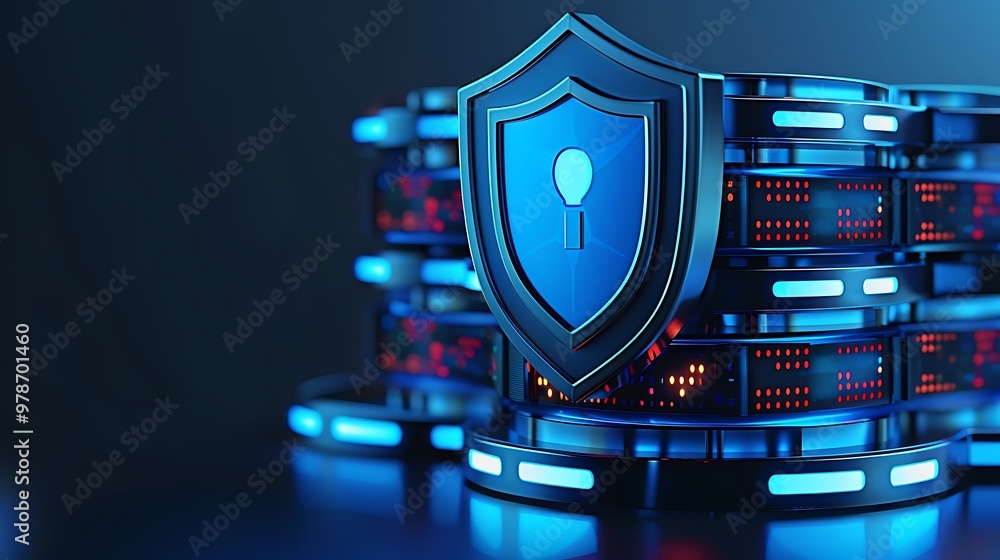 Poster a modern cybersecurity design featuring a shield and data storage servers, emphasizing protection an