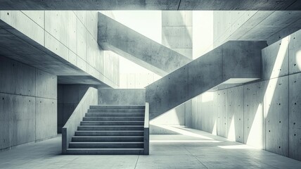 Obraz premium Futuristic concrete staircase in a modern architectural setting, showcasing minimalist design and geometric lines.