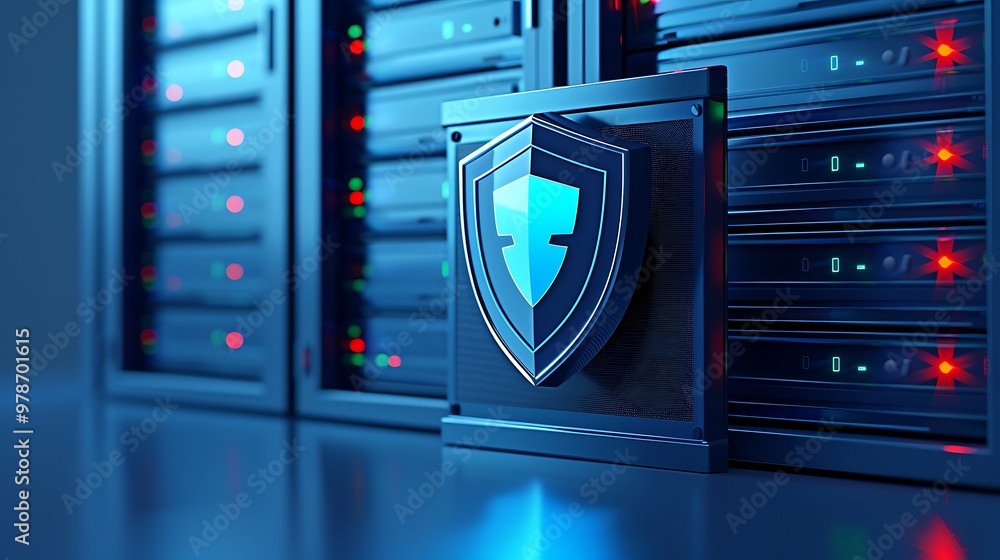 Poster a modern data center featuring secure server units with a protective shield symbolizing cybersecurit