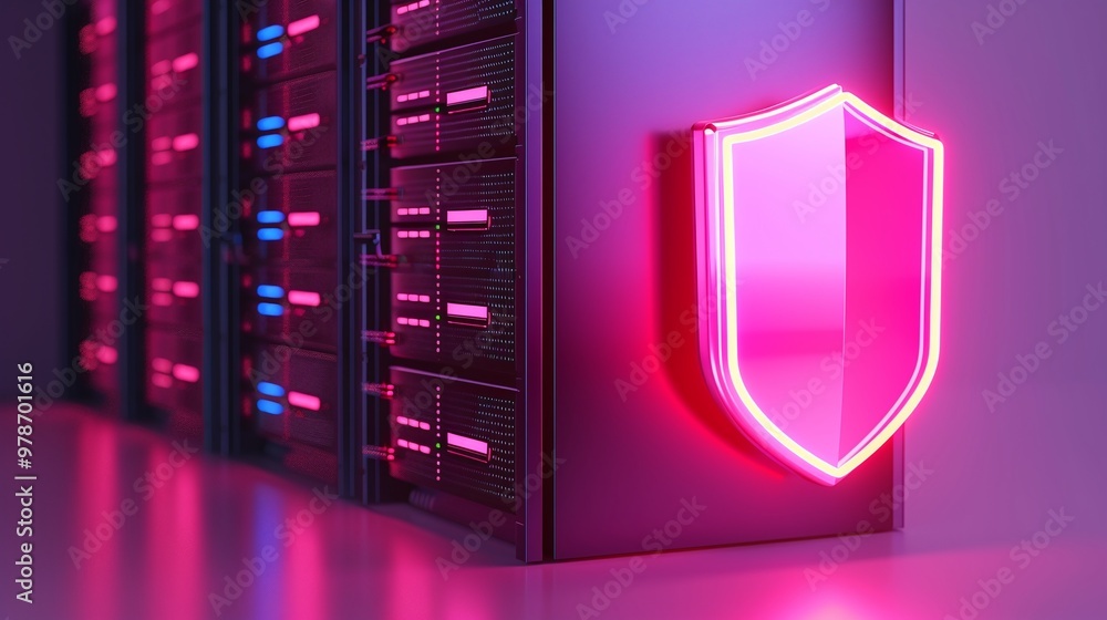 Poster a modern data center featuring neon lights and a protective shield symbolizing cybersecurity and dat