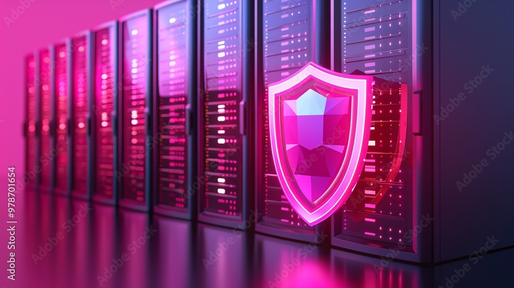 Poster a modern data center featuring secure servers with a vibrant neon shield symbolizing cyber protectio