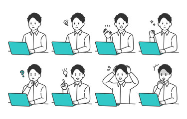 パソコンを見ながらいろいろな表情･ポーズをする若い男性のセット【人物ベクターイラスト素材】