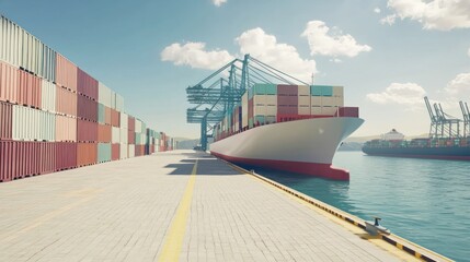 Obraz premium A busy shipping port with containers and a cargo ship docked by the quay.