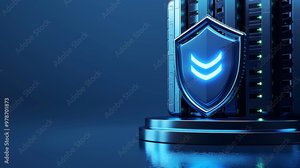 Poster a modern data center image featuring a glowing blue shield symbolizing cybersecurity and protection 