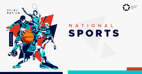 celebration of national sports day with athletes from football, badminton, basketball, weightlifting and base ball. National sports game concept. grunge style athlete silhouette. Healthy exercise