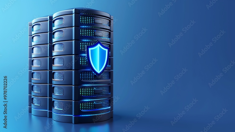 Poster a modern data center with servers protected by a digital shield, symbolizing cybersecurity and data 