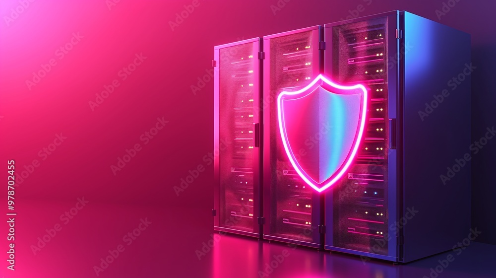 Poster a modern data server featuring a glowing neon shield, symbolizing advanced cybersecurity and protect