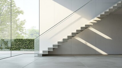 Obraz premium Modern interior featuring a minimalist staircase with ample natural light and sleek design elements, enhancing contemporary architecture.
