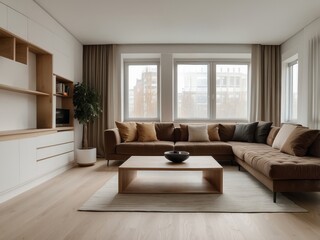 Modern Living Room with Sectional Sofa, Coffee Table, and Large Windows