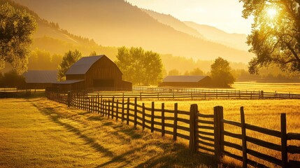 Serene countryside at sunset with barns and a wooden fence.