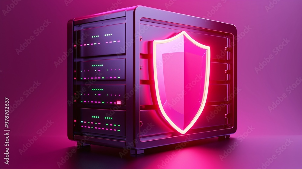 Poster a modern data server featuring a glowing shield, symbolizing cybersecurity and protection in a vibra