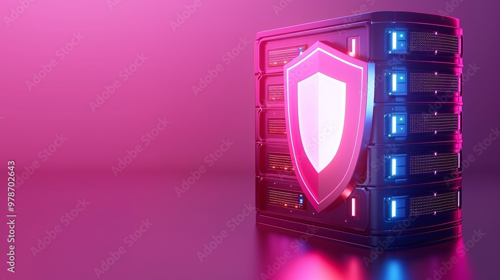 Poster a modern data server featuring a glowing shield symbolizing cybersecurity and data protection in a v
