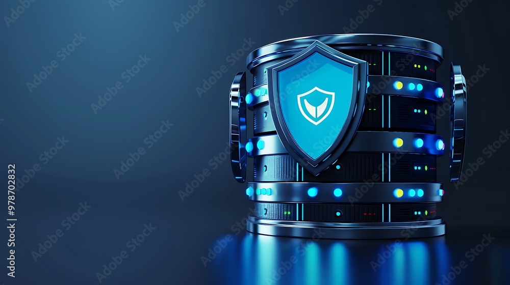 Aufkleber a modern data server featuring advanced security technology, highlighted by a protective shield icon
