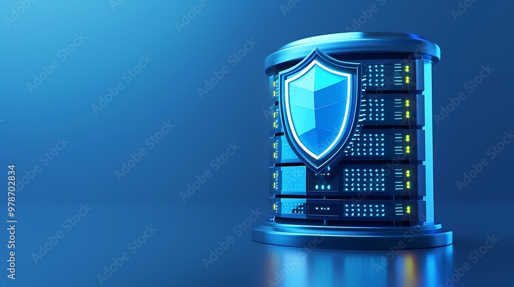 Aufkleber a modern data server featuring a shield symbol, representing cybersecurity and data protection in a 