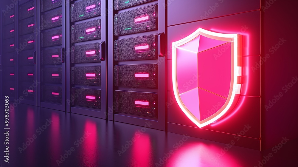 Poster a modern data server room featuring illuminated network cabinets and a glowing security shield symbo