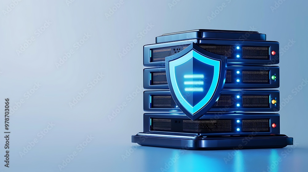 Poster a modern data server secured with a blue shield, representing cybersecurity and data protection in a