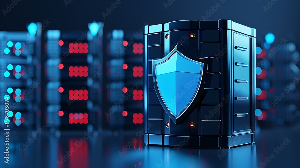Poster a modern data server setup with a protective shield, symbolizing cybersecurity and secure data manag