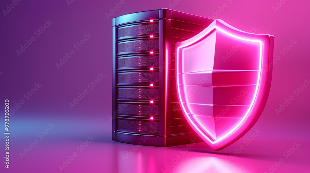 Poster a modern data server surrounded by a glowing shield, symbolizing cybersecurity and data protection i