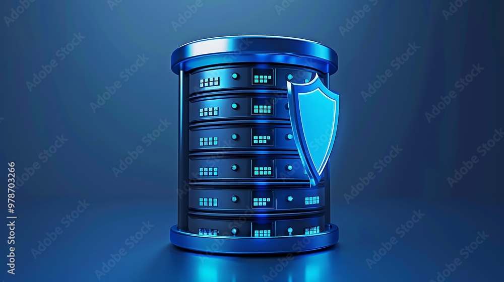 Poster a modern data server tower with digital shield representation, symbolizing cybersecurity and data pr