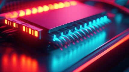 A close-up of a futuristic circuit board with glowing elements in red and blue.